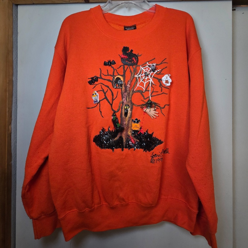 VTG Women's Halloween Sweater Size L Ghost Cat Bat Witch Orange John Studwell